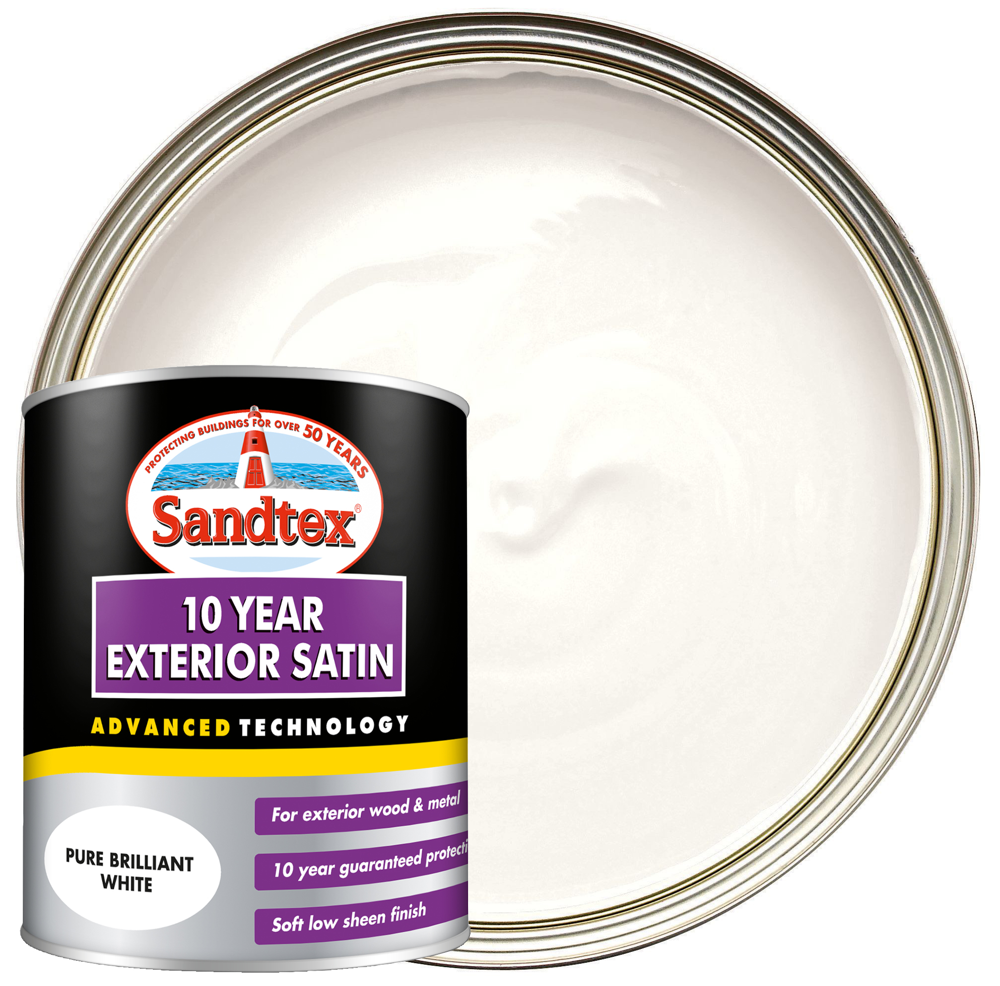 Sandtex 10 Year Exterior Satin Paint - Pure Brilliant White - 750ml