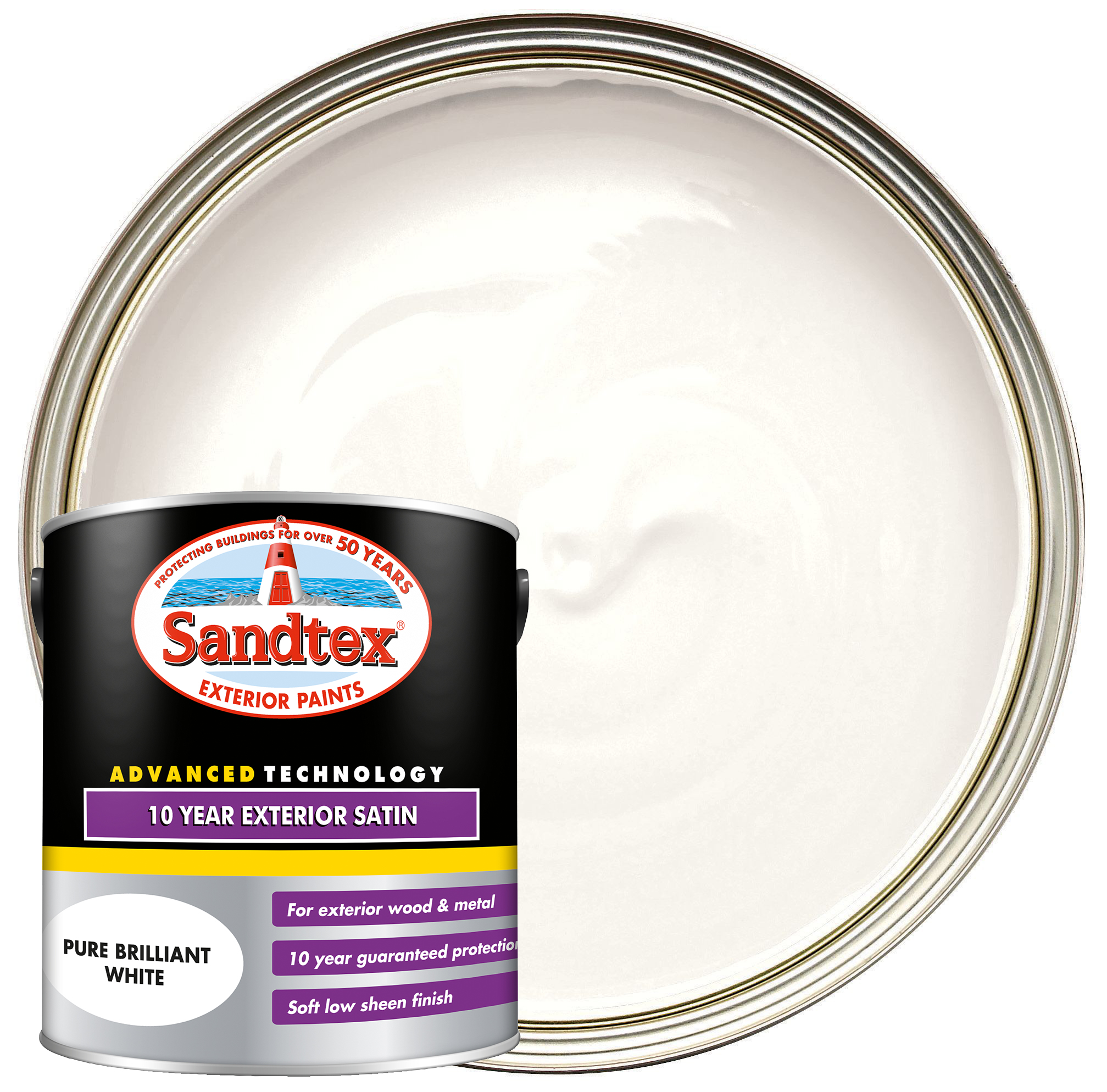 Sandtex 10 Year Exterior Satin Paint - Pure Brilliant White - 2.5L