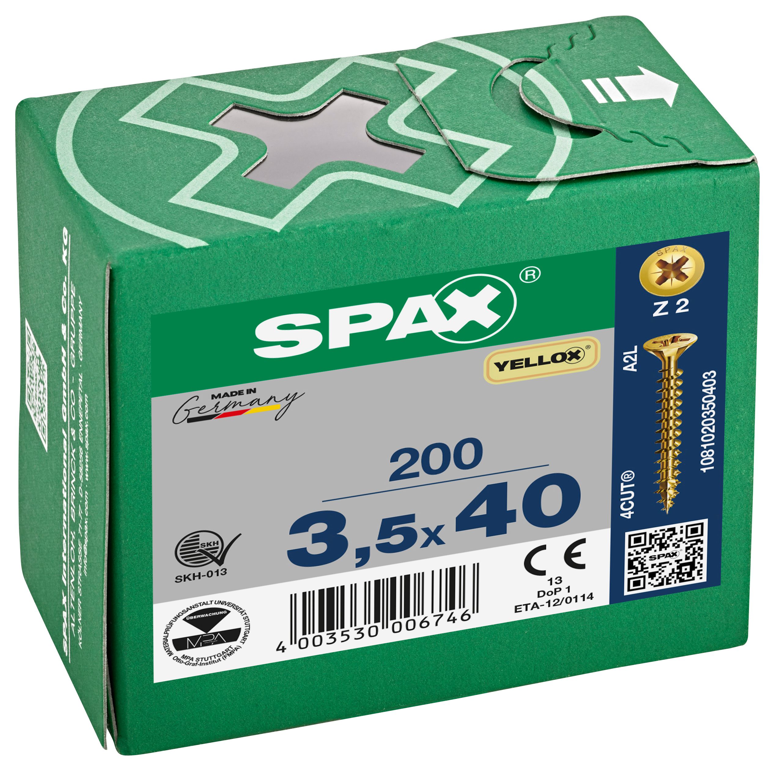 Spax Pz Countersunk Yellox Screws - 3.5x40mm Pack Of 200