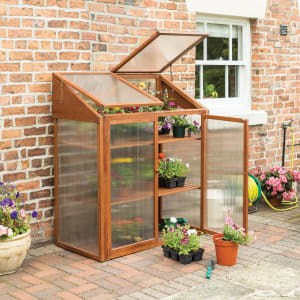 Rowlinson Small Brown Wooden Mini Greenhouse with Polycarbonate Panels & Lifting Lid - 4 x 2ft