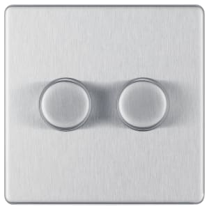 BG Screwless Flatplate Brushed Steel 400W Double Dimmer Switch 2-Way Push On/Off