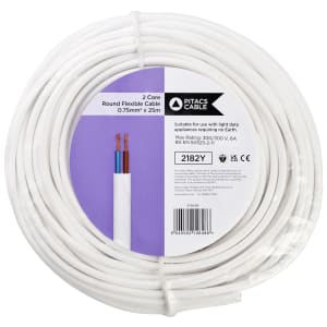 2 Core 2182Y White Round Flexible Cable - 0.75mm2 - 25m