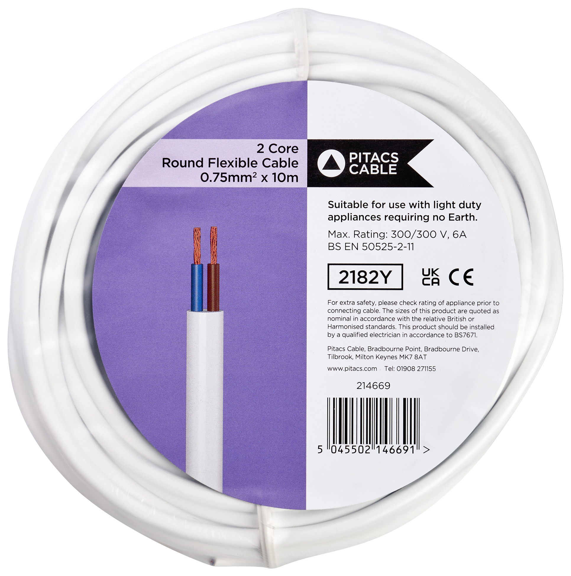 2 Core 2182Y White Round Flexible Cable - 0.75mm2 - 10m