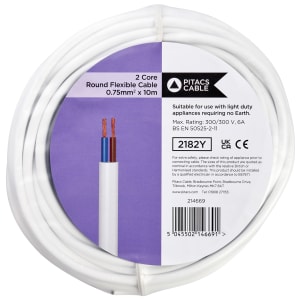 2 Core 2182Y White Round Flexible Cable - 0.75mm2 - 10m