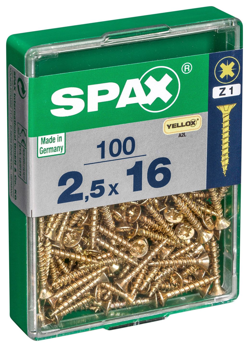 Spax Pz Countersunk Yellox Screws - 2.5x16mm Pack Of 100