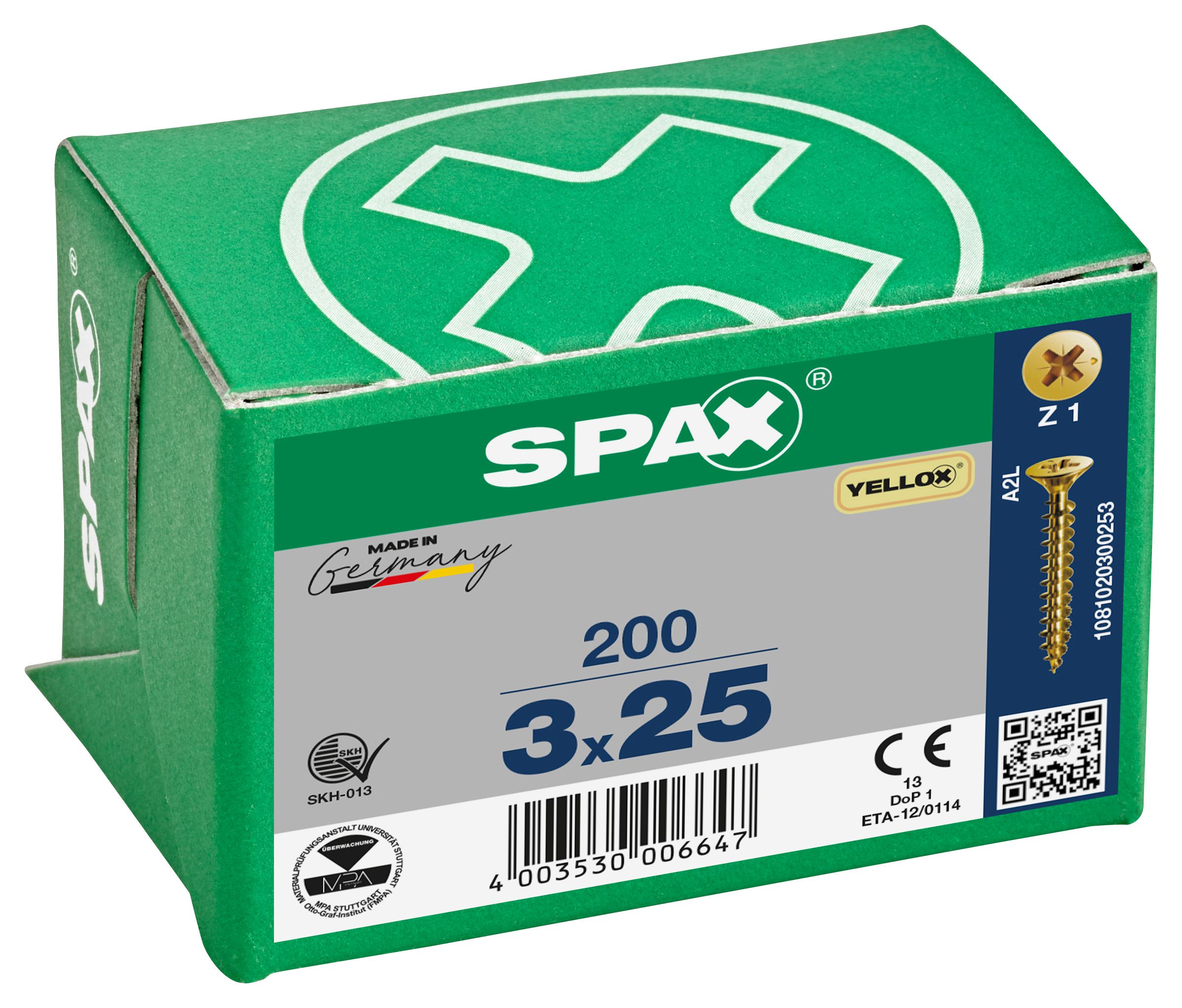 Spax Pz Countersunk Yellox Screws - 3x25mm Pack Of 200