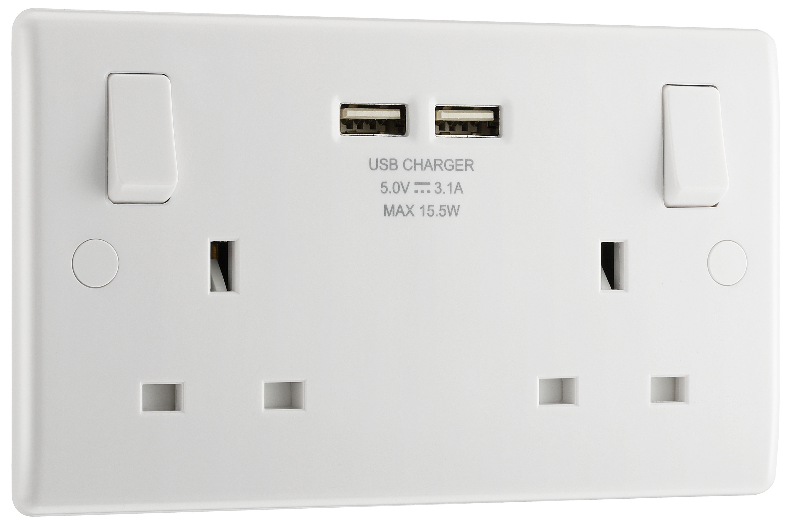 BG Slimline 13A 2 Gang Double White Switched Power Socket with 2 x USB 3.1A