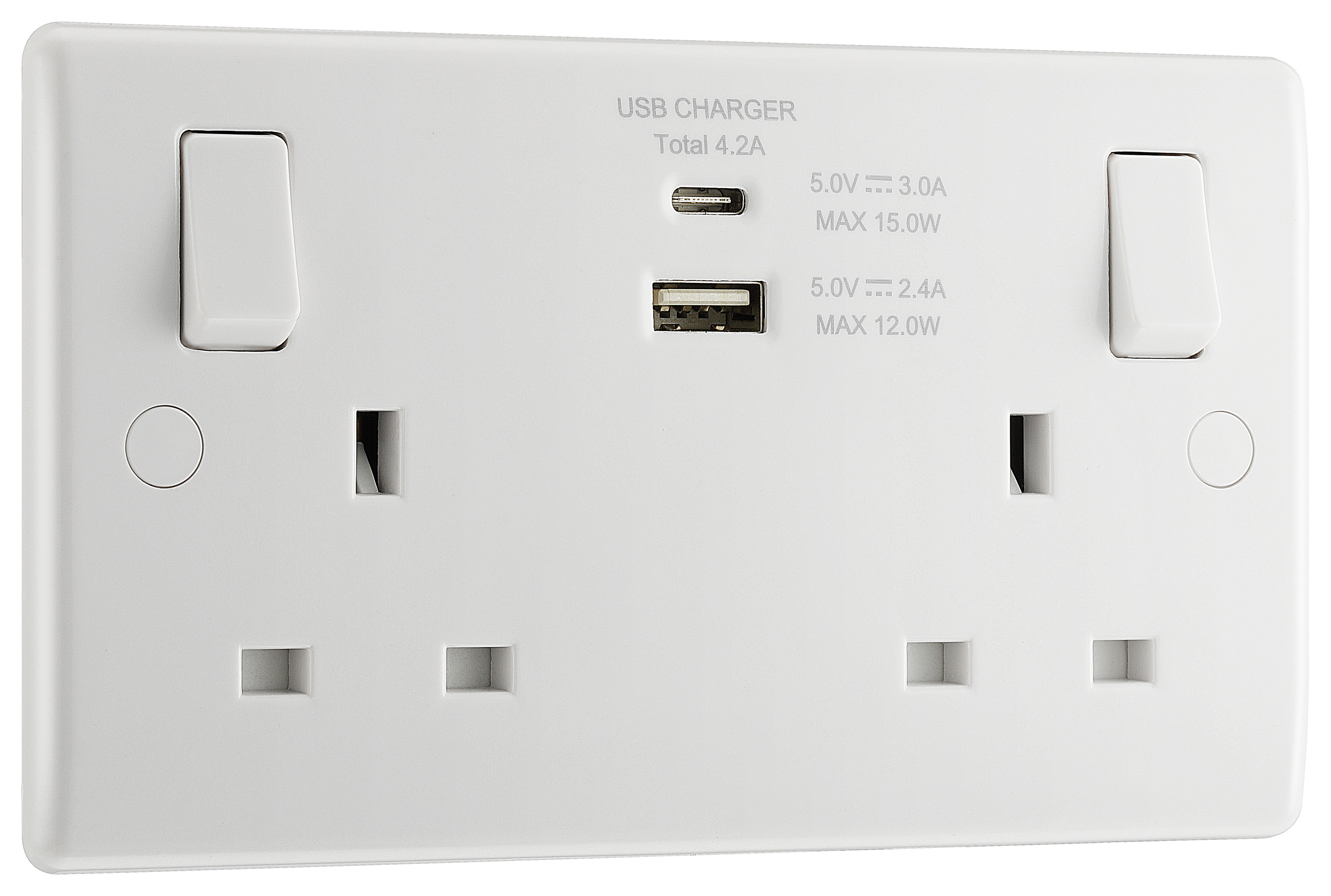 BG Slimline 13A Double 2 Gang White Switched Power Socket with USB A & USB C 4.2A