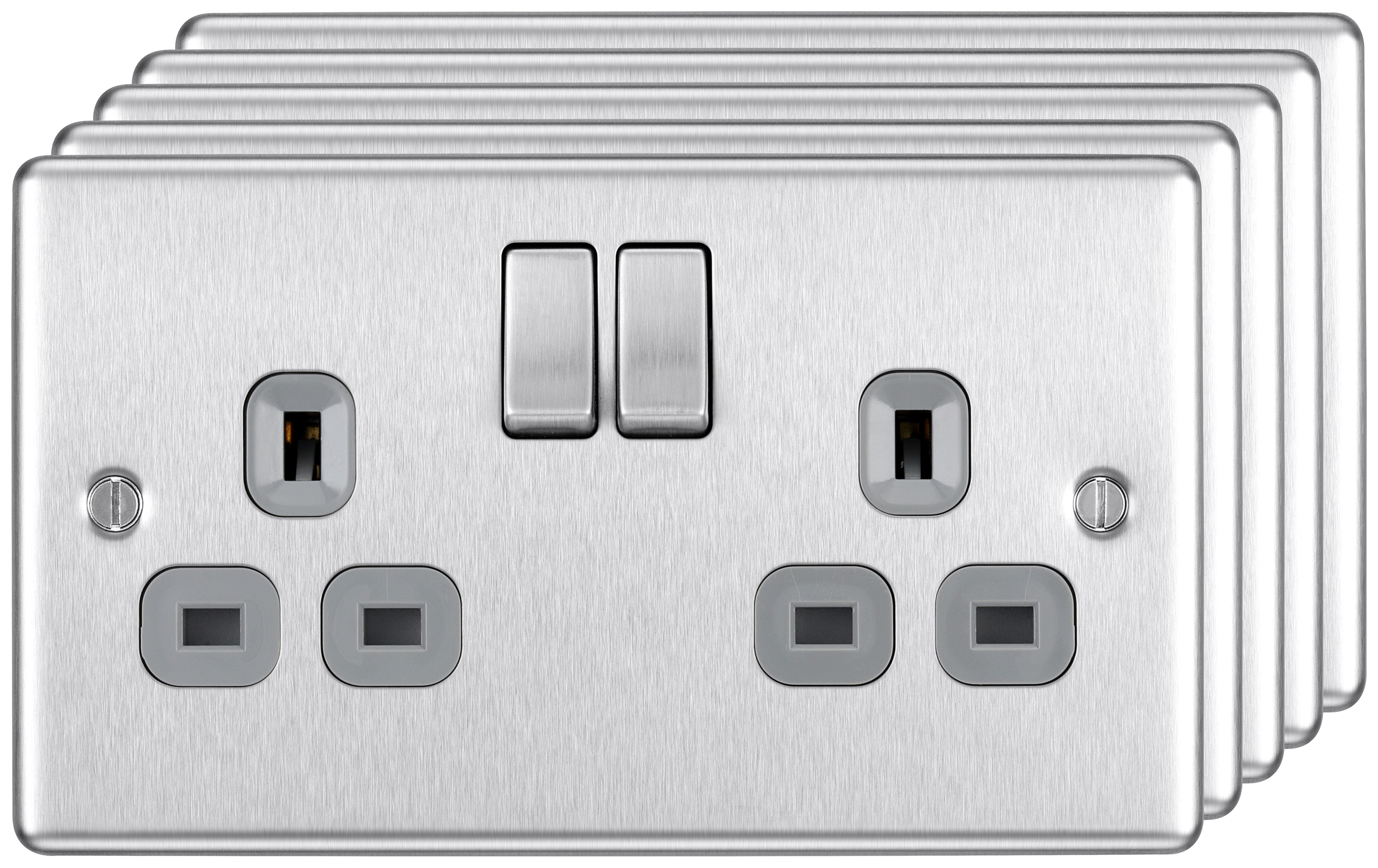 BG 13A Screwed Raised Plate Double Switched Power Socket Double Pole 5 Pack - Brushed Steel