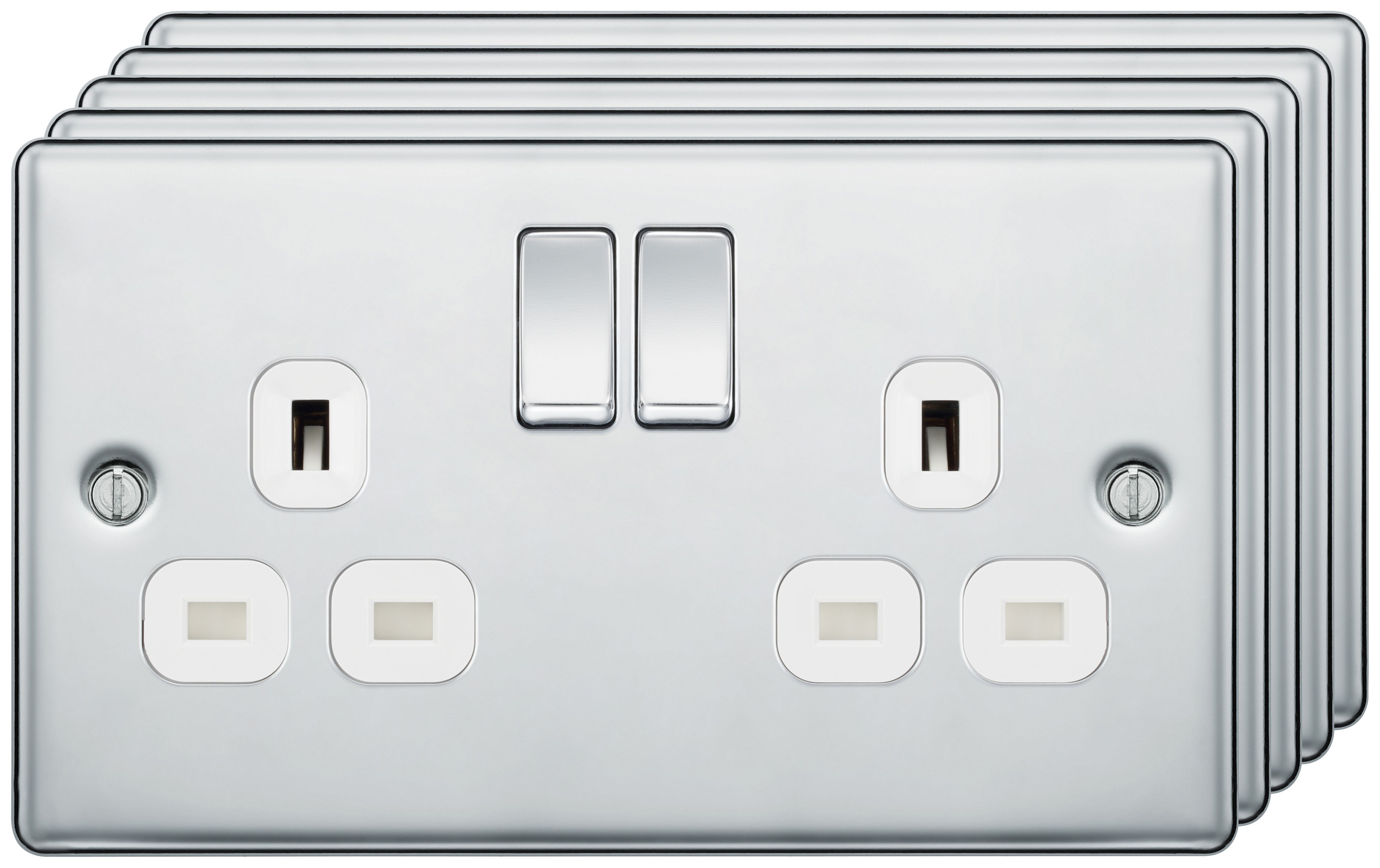 BG 13A Screwed Raised Plate Double Switched Power Socket Double Pole 5 Pack - Polished Chrome