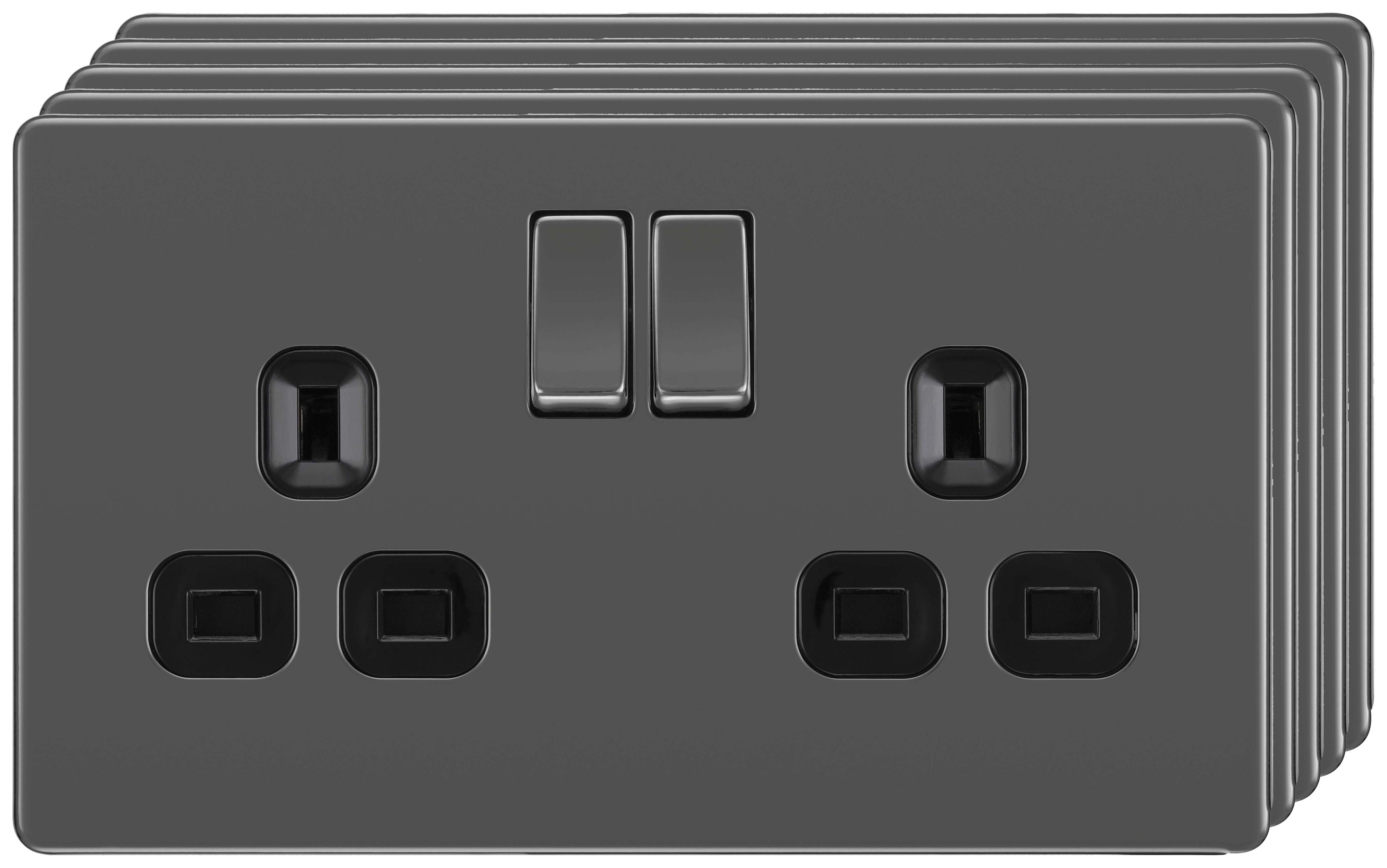 BG 13A Screwless Flat Plate Double Switched Power Socket Double Pole 5 Pack - Black Nickel