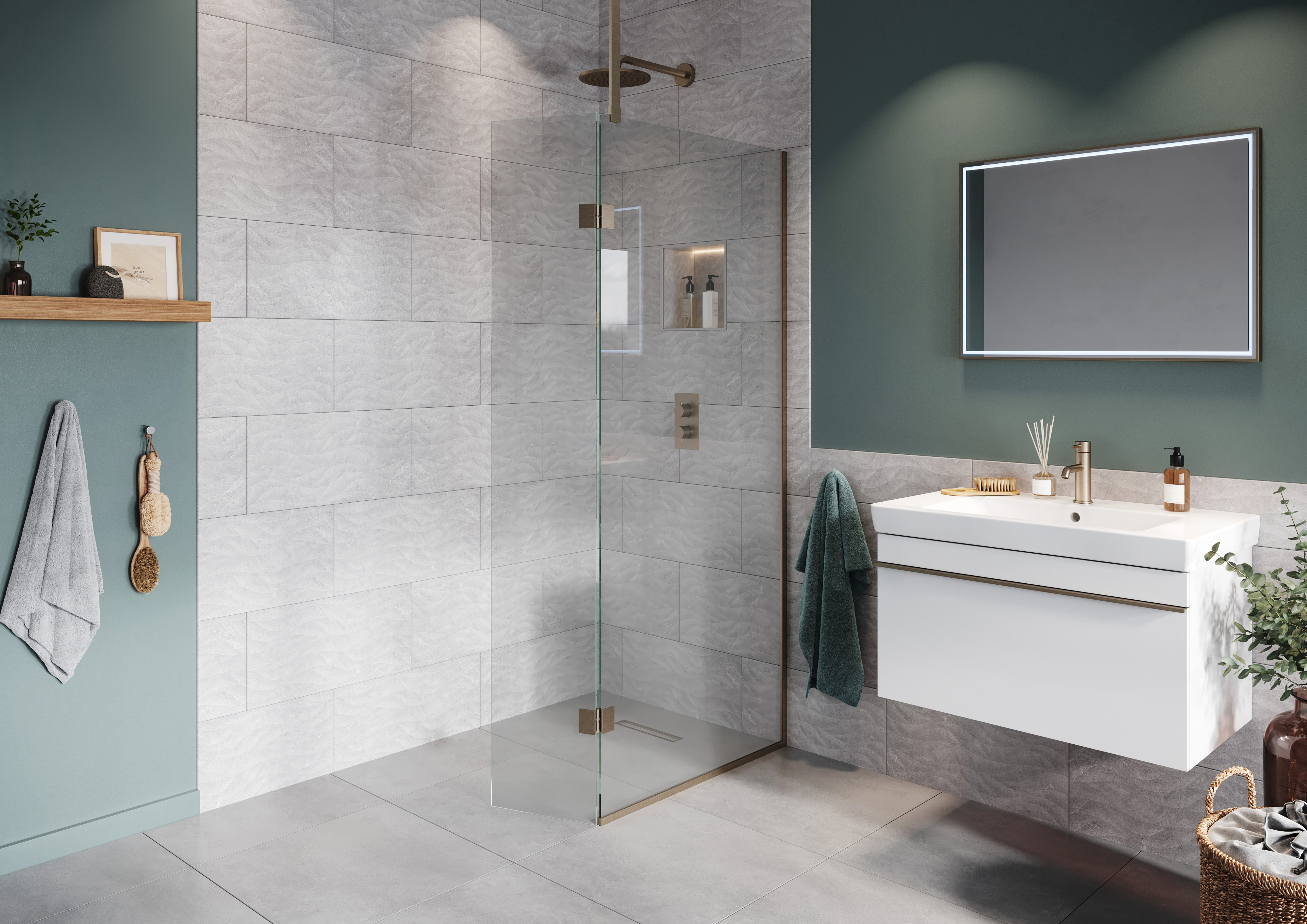 Hadleigh 8mm Brushed Nickel 900mm Frameless Wetroom Screen with Ceiling Arm & 350mm Pivot Panel