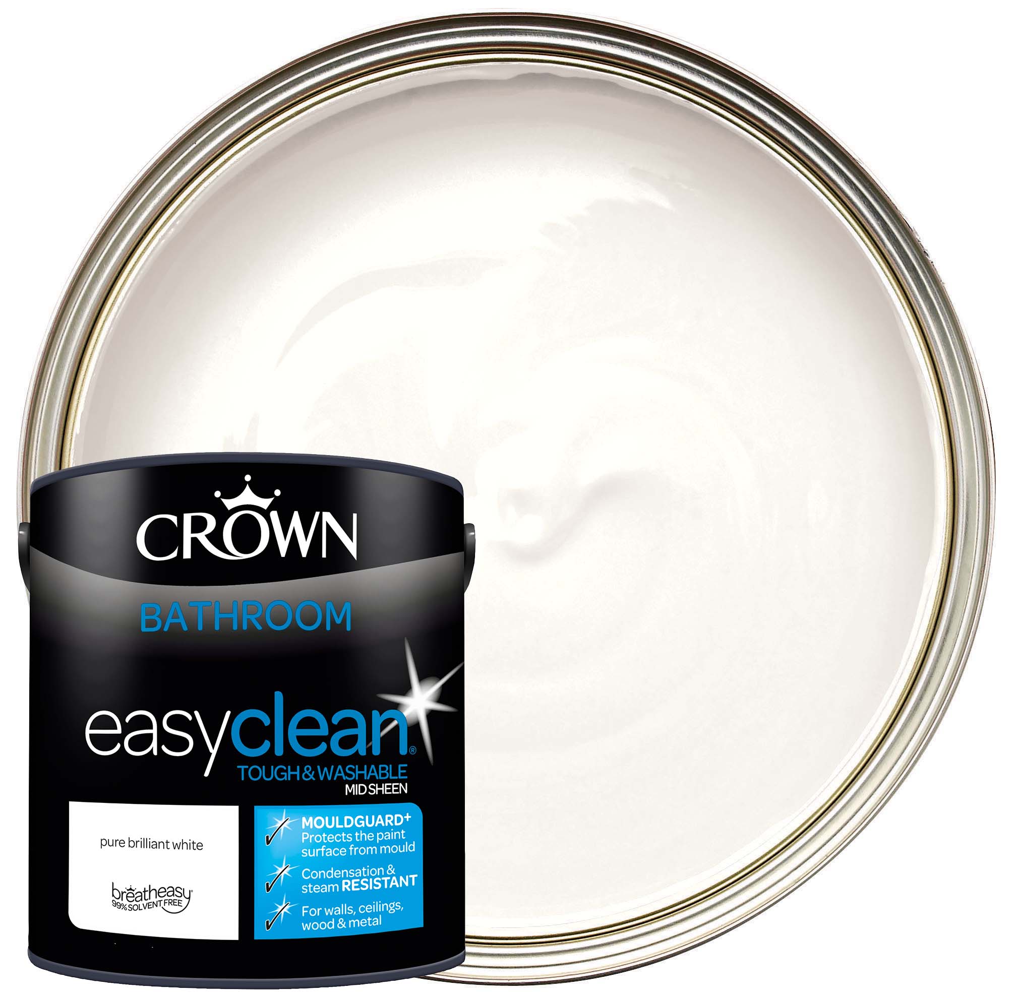 Crown Easyclean Mid Sheen Emulsion Bathroom Paint - Brilliant White - 2.5L