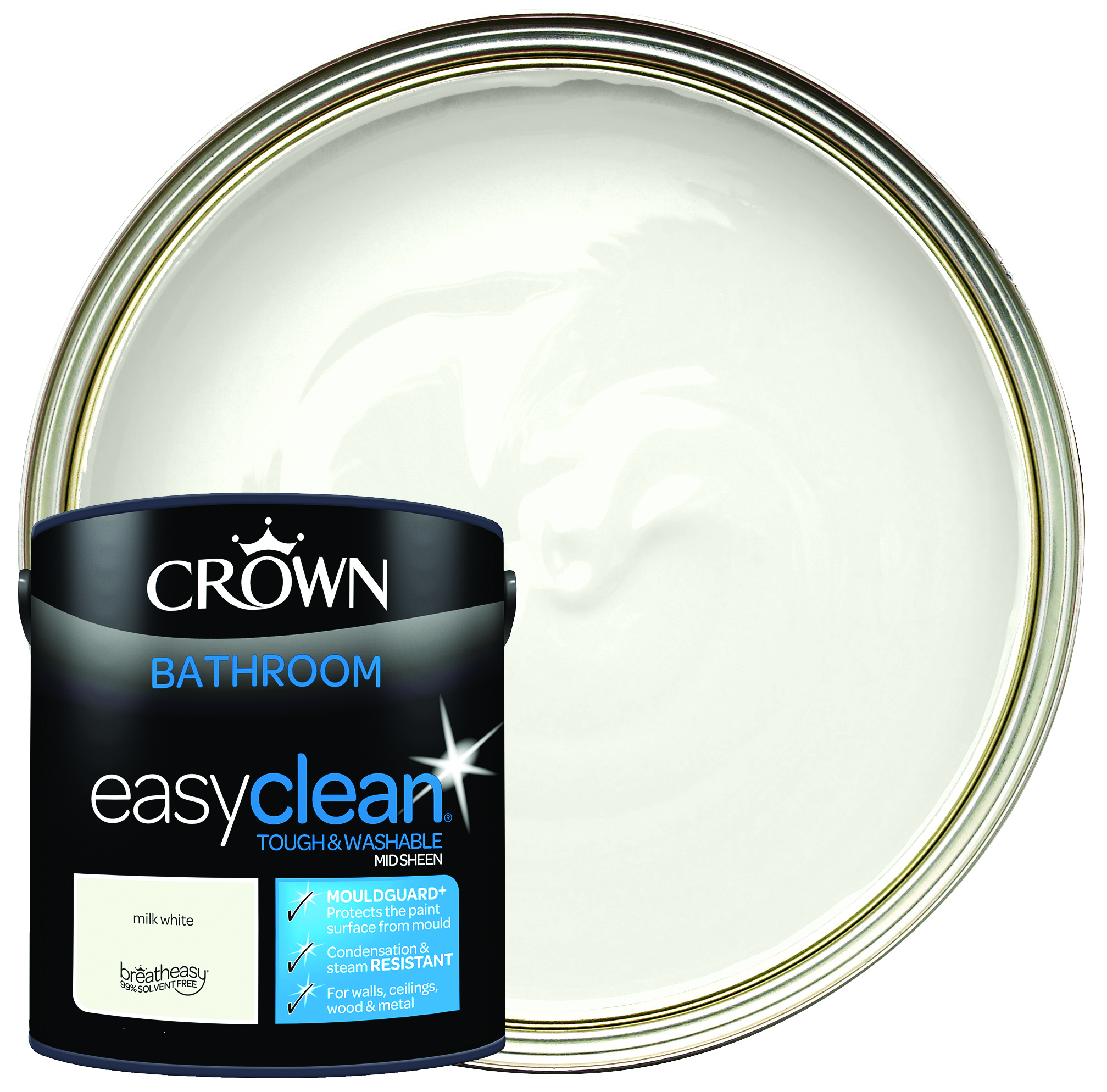 Crown Easyclean Mid Sheen Emulsion Bathroom Paint - Milk White - 2.5L