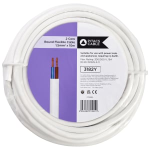 2 Core 3182Y White Round Flexible Cable - 1.5mm2 - 10m