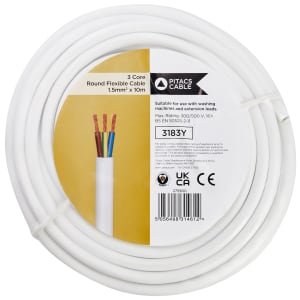 3 Core 3183Y White Round Flexible Cable - 1.5mm2 - 10m