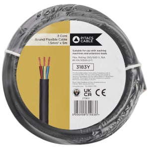 3 Core 3183Y Black Round Flexible Cable - 1.5mm2 - 5m