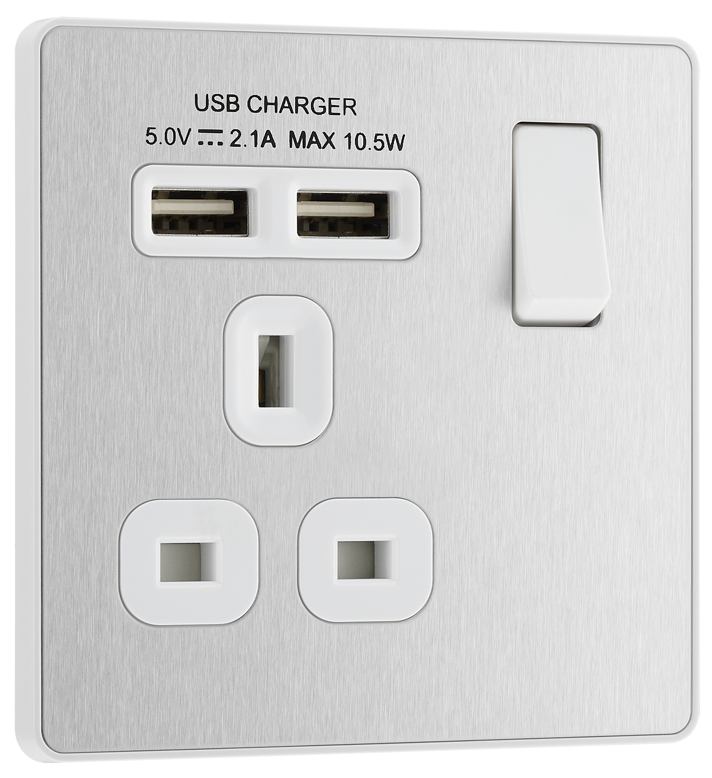 BG Evolve Brushed Steel 13A Single Switched Power Socket with 2 x USB (2.1A)