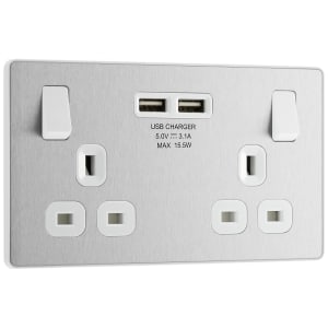 BG Evolve Brushed Steel Double Switched 13A Power Socket & 2 x USB (3.1A)