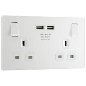 BG Evolve Pearlescent White 13A Double Switched Power Socket with 2 & USB (3.1A)