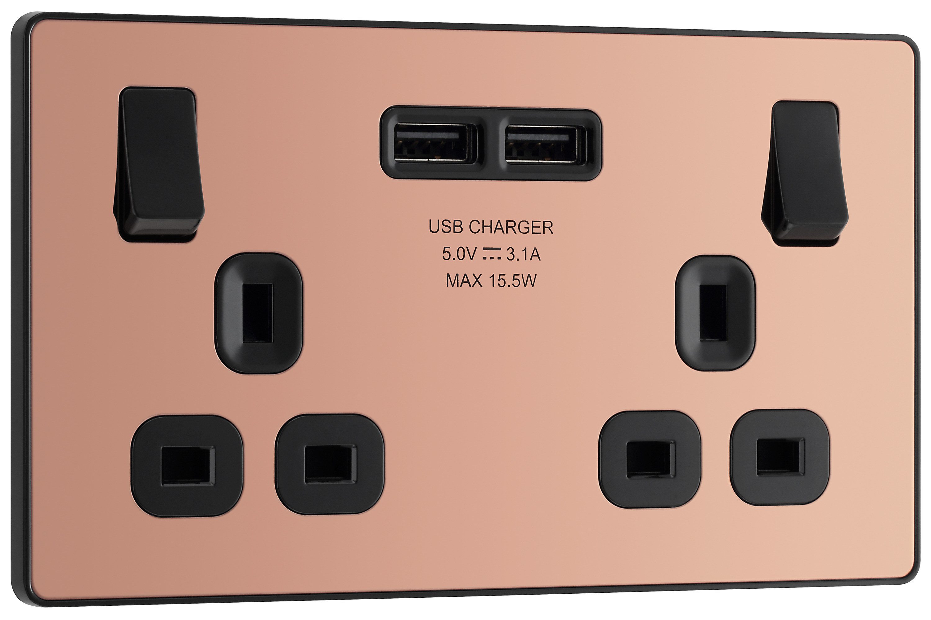 BG Evolve Polished Copper 13A Double Switched Power Socket & 2 x USB (3.1A)