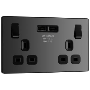 BG Evolve Black Chrome 13A Double Switched Power Socket with 2 x USB (3.1A)