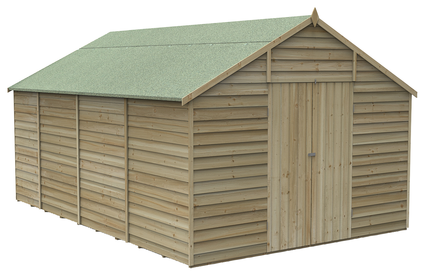 Forest Garden 10 x 15ft 4Life Apex Overlap Pressure Treated Double Door Windowless Shed with Base and Assembly