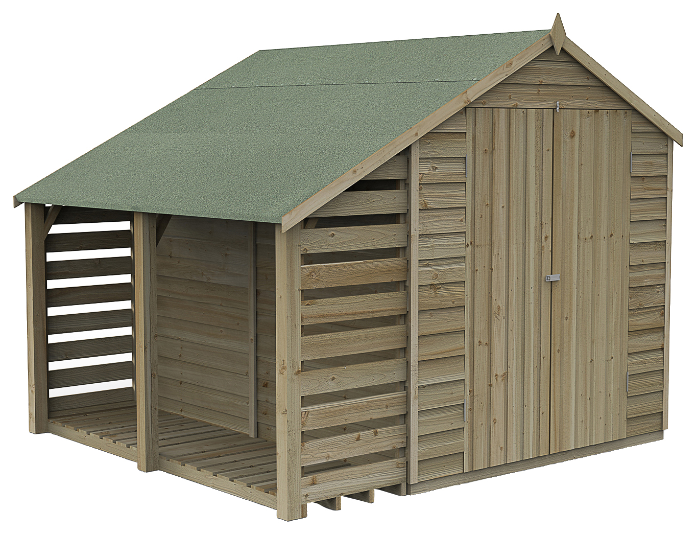 Forest Garden 8 x 6ft 4Life Apex Overlap Pressure Treated Double Door Windowless Shed with Lean-To and Assembly