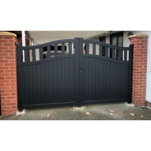 Readymade Black Aluminium Bell Curved Top Double Swing Partial Privacy Driveway Gate - 4000mm Width