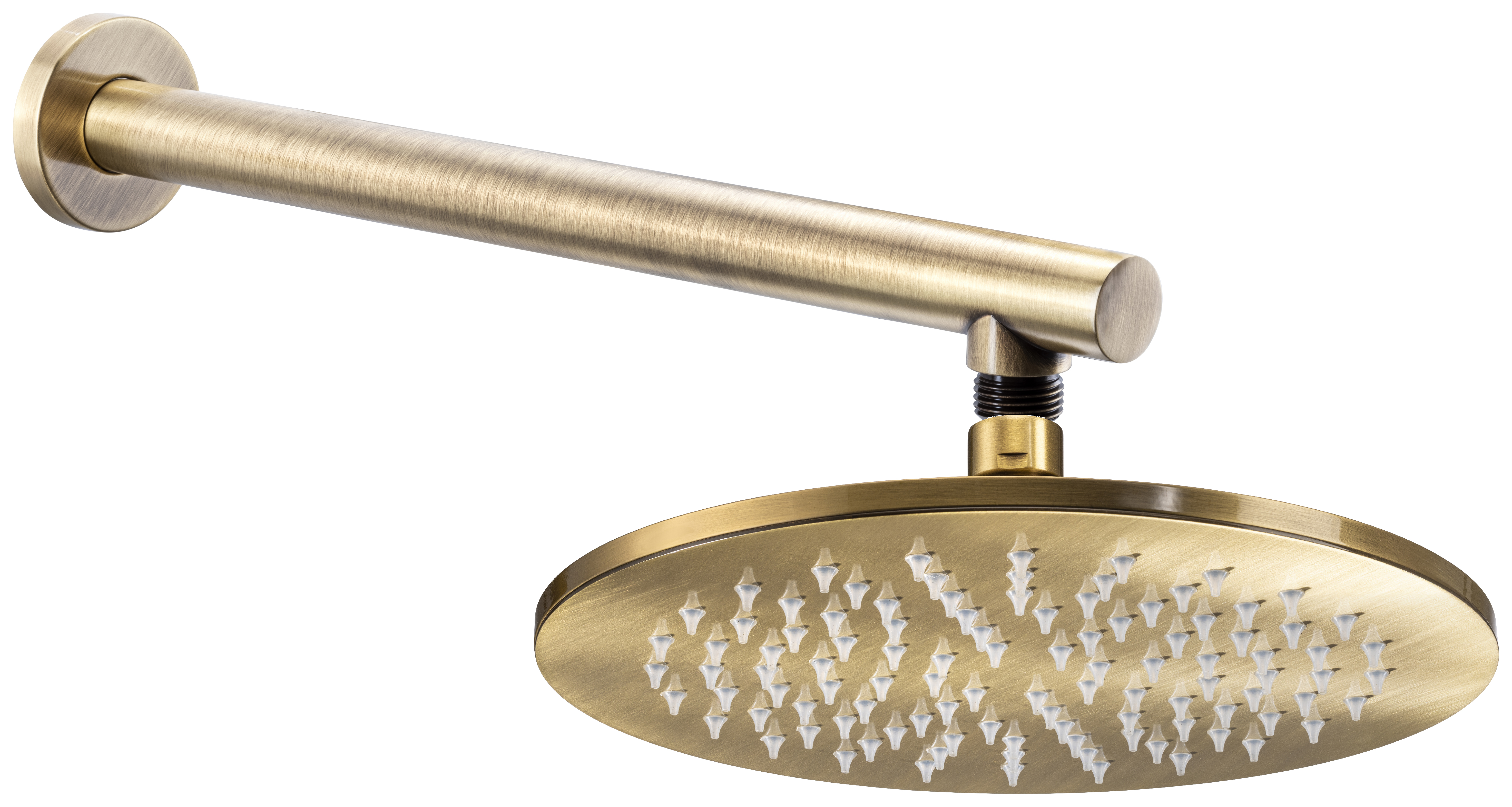 Abode Storm Antique Brass Wall Mounted Round Shower Head & Arm - 225mm