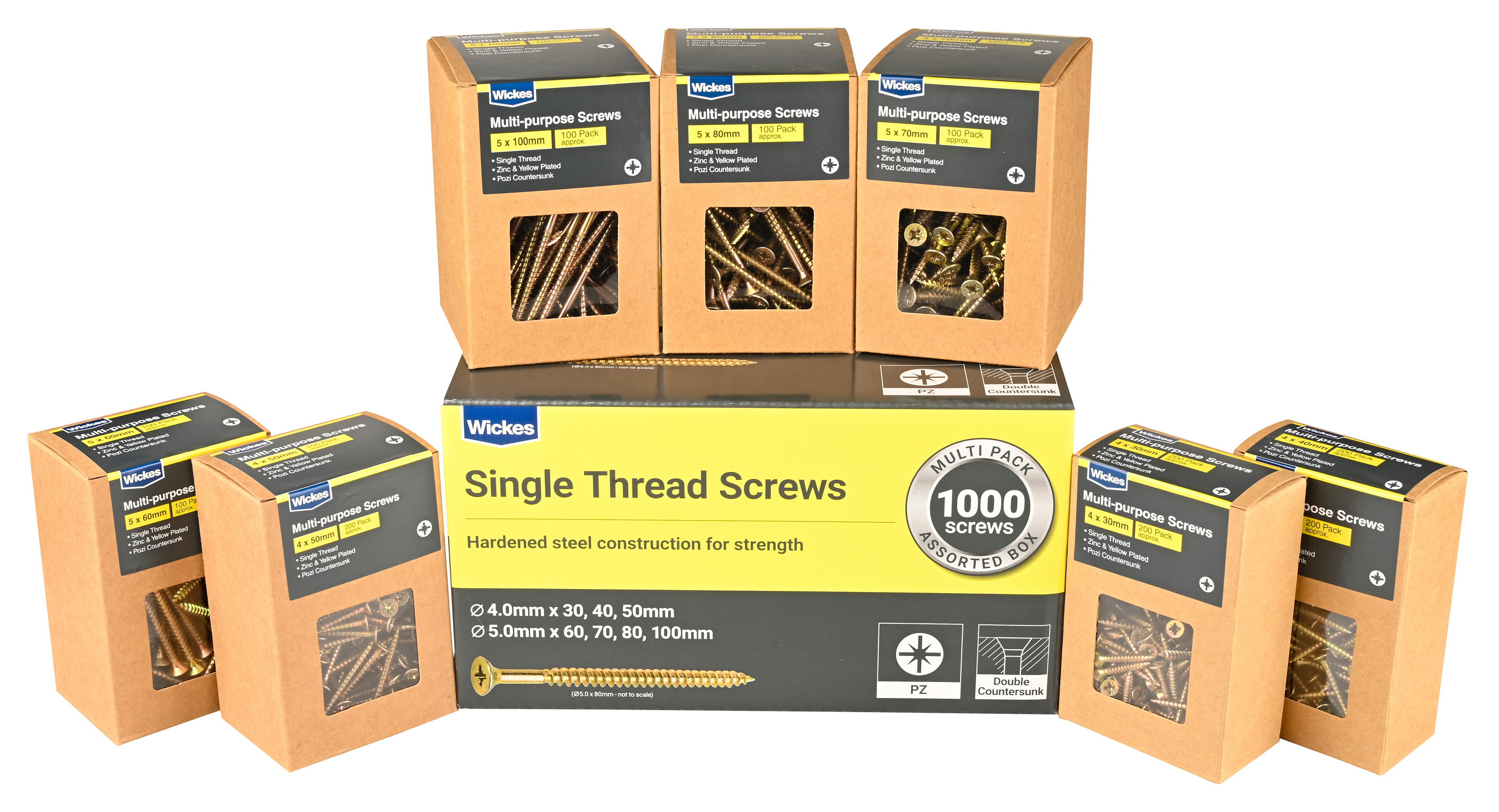 Wickes Single Thread Trade Pack Zinc & Yellow Screws - Pack of 1000