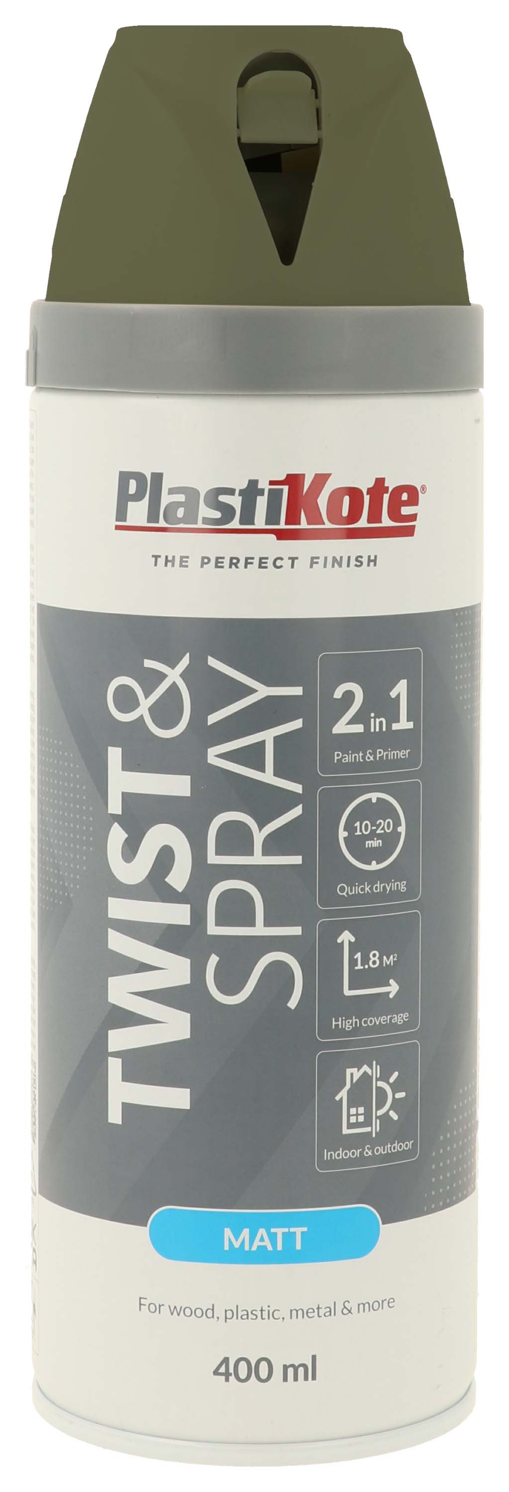 PlastiKote Twist & Spray 2 in 1 Spray Paint - Olive Green - 400ml