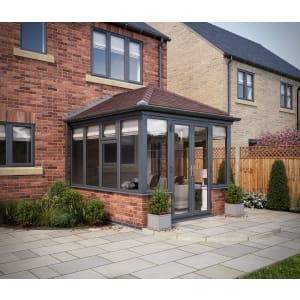 SOLid Roof Edwardian Conservatory Grey Frames Dwarf Wall with Rustic Brown Tiles - 10 x 10ft