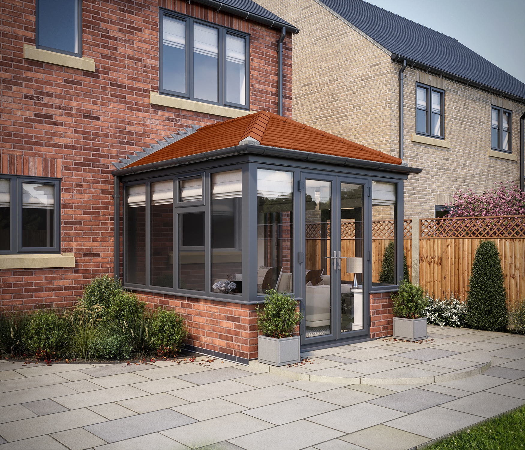 SOLid roof Edwardian Conservatory Grey Frames Dwarf Wall with Rustic Terracotta Tiles