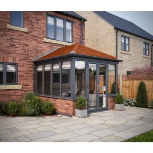 SOLid Roof Edwardian Conservatory Grey Frames Dwarf Wall with Rustic Terracotta Tiles - 13 x 10ft