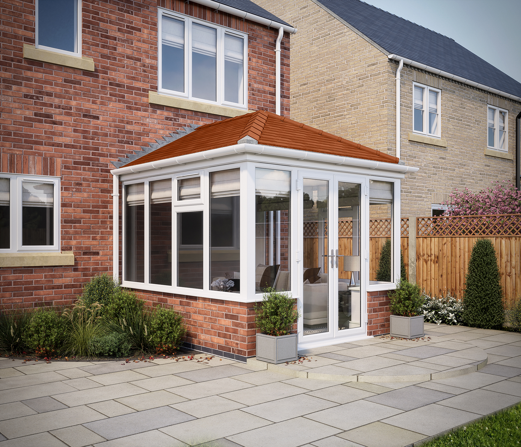 SOLid roof Edwardian Conservatory White Frames Dwarf Wall with Rustic Terracotta Tiles