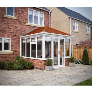 SOLid roof Edwardian Conservatory White Frames Dwarf Wall with Rustic Terracotta Tiles