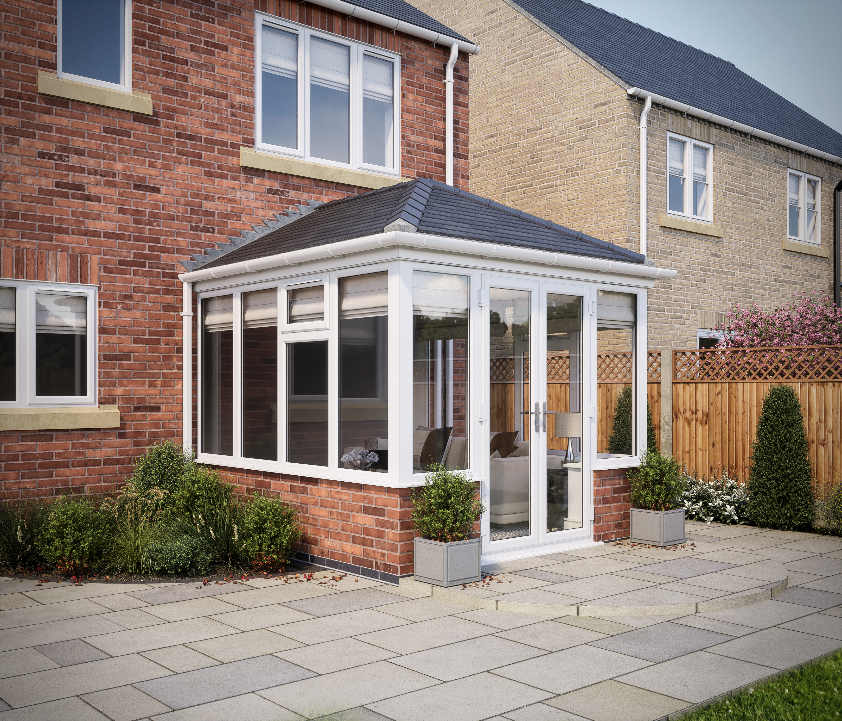 SOLid roof Edwardian Conservatory White Frames Dwarf Wall with Titanium Grey Tiles