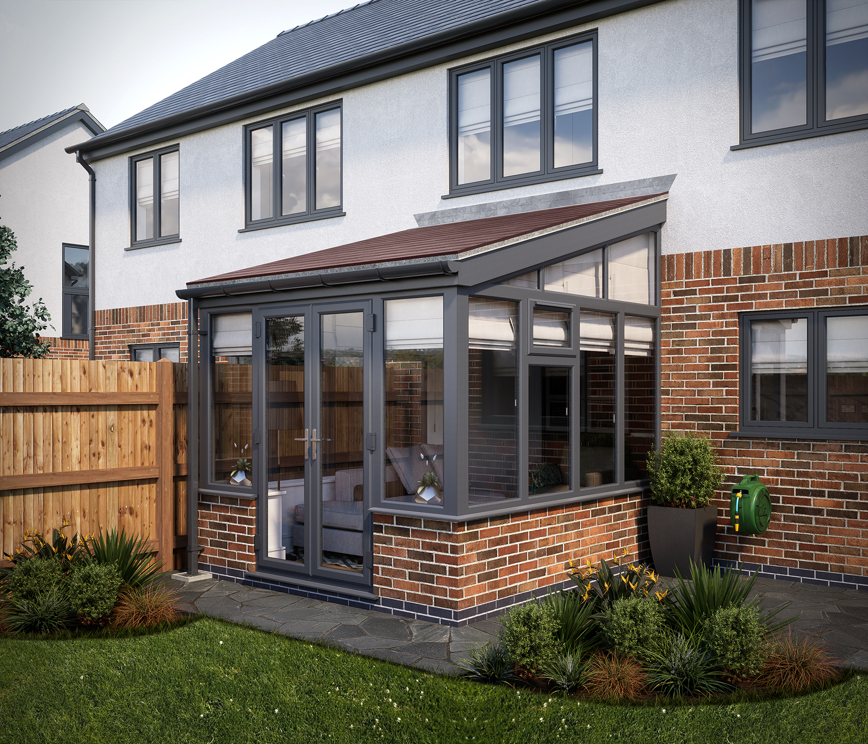 SOLid roof Lean to Conservatory Grey Frames Dwarf Wall with Rustic Brown Tiles