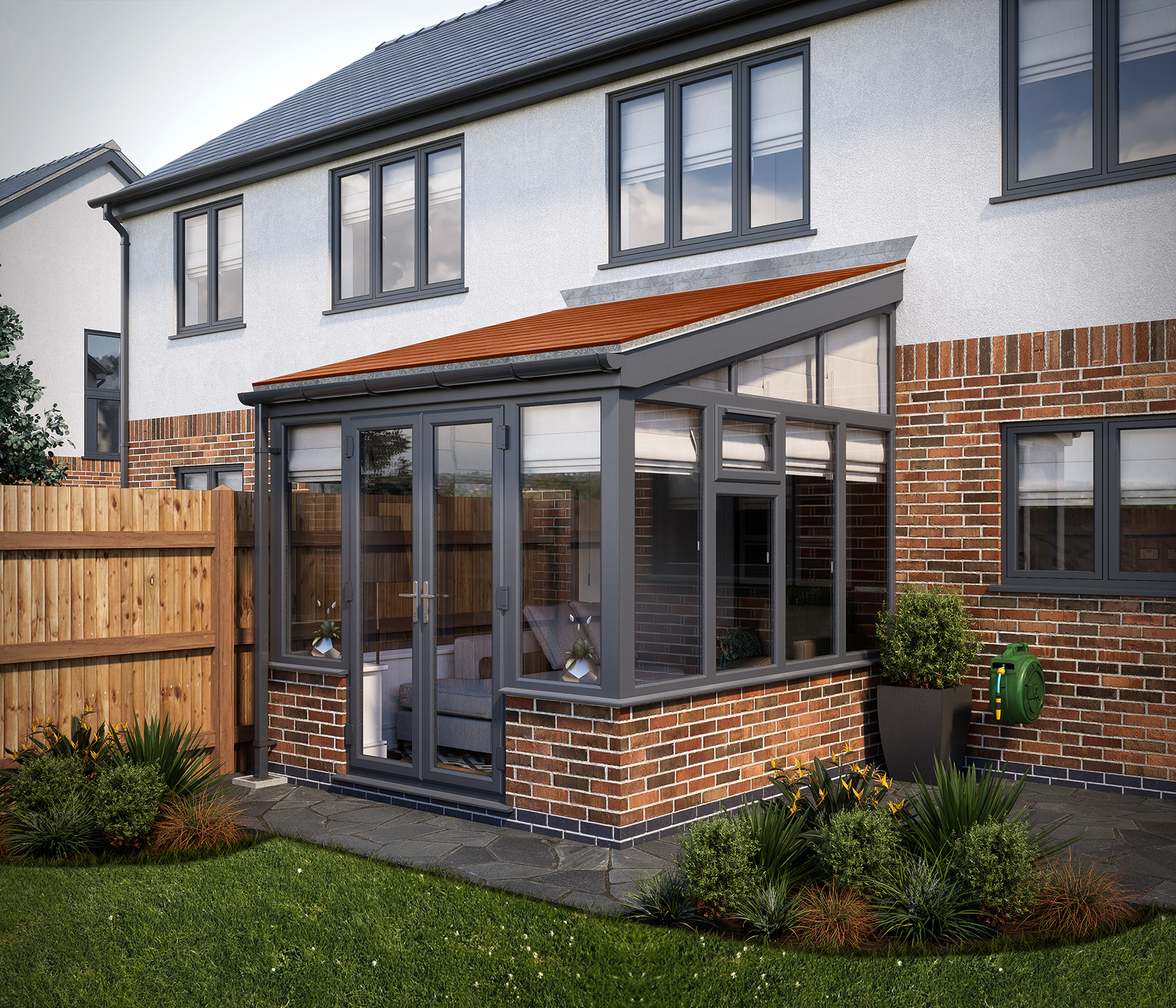 SOLid roof Lean to Conservatory Grey Frames Dwarf Wall with Rustic Terracotta Tiles