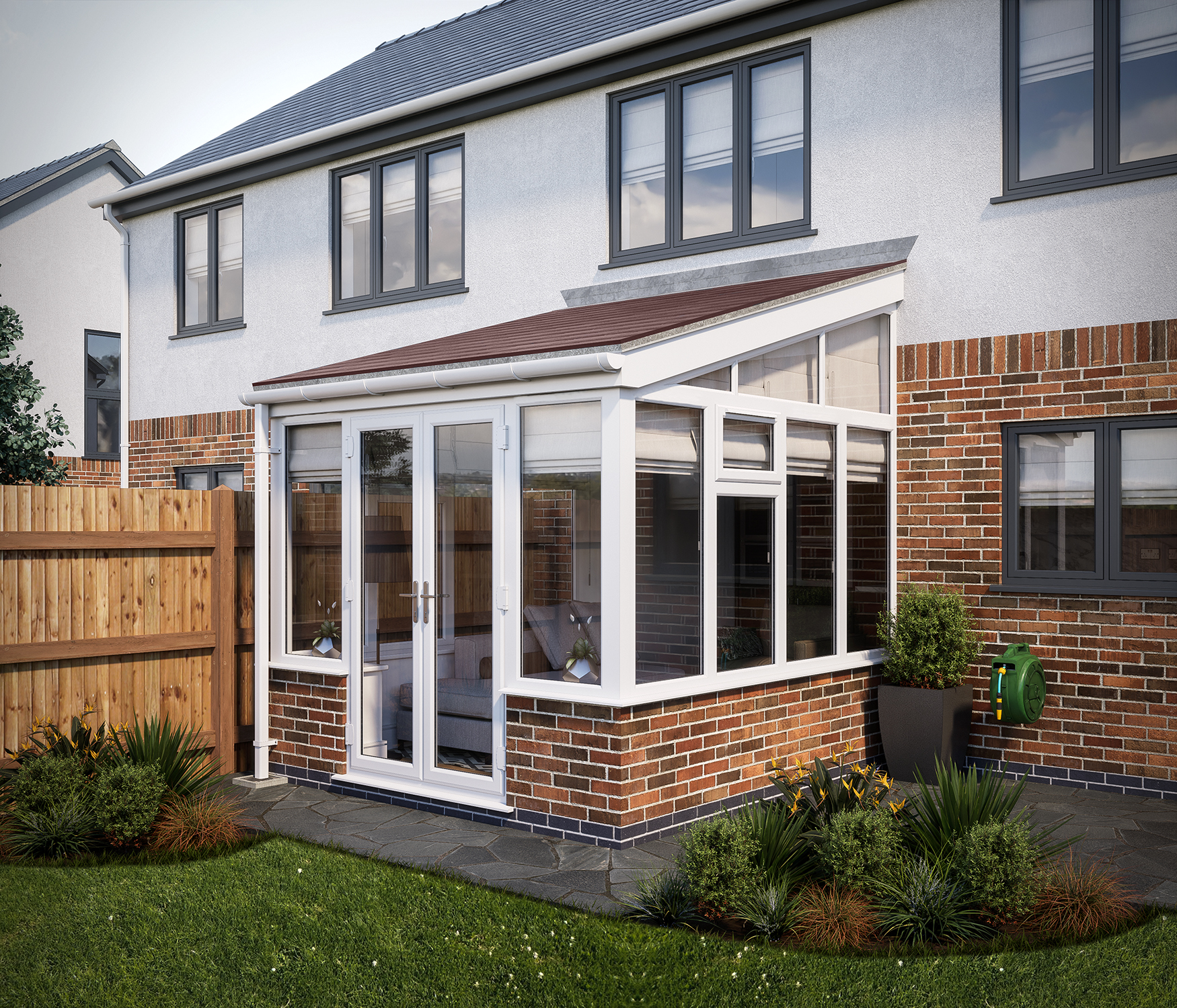 SOLid roof Lean to Conservatory White Frames Dwarf Wall with Rustic Brown Tiles