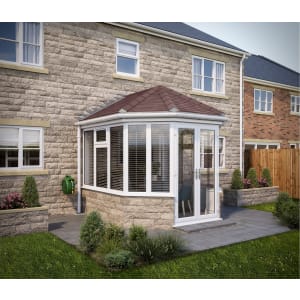 SOLid Roof Victorian Conservatory White Frames Dwarf Wall with Rustic Brown Tiles - 10 x 10ft