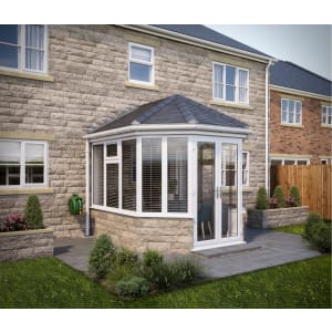 SOLid roof Victorian Conservatory White Frames Dwarf Wall with Titanium Grey Tiles