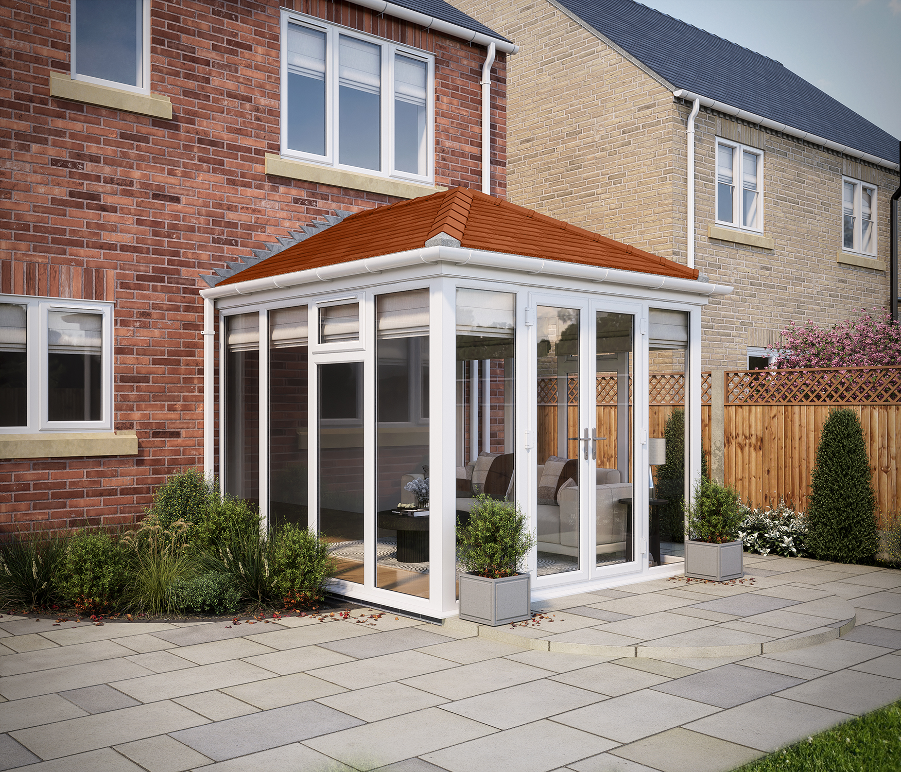 SOLid roof Full Height Edwardian Conservatory White Frames with Rustic Terracotta Tiles