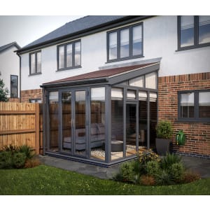 SOLid Roof Full Height Lean to Conservatory Grey Frames with Rustic Brown Tiles - 13 x 13ft