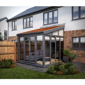 SOLid roof Full height Lean to Conservatory Grey Frames with Rustic Terracotta Tiles