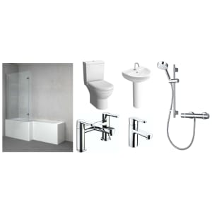 Veroli L-Shaped Left Hand Family Shower Bath Suite with Mixer Shower, Bath Screen, Bath Panel, Full Pedestal Basin, Toilet Pan, Wastes & Taps - 1700 x 850mm
