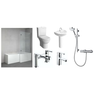 Veroli L-Shaped Right Hand Family Shower Bath Suite with Mixer Shower, Bath Screen, Bath Panel, Full Pedestal Basin, Toilet Pan, Wastes & Taps - 1700 x 850mm