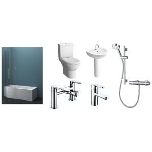 Valsina P-Shaped Left Hand Family Shower Bath Suite with Mixer Shower, Bath Screen, Bath Panel, Full Pedestal Basin, Toilet Pan, Wastes & Taps - 1675 x 850mm