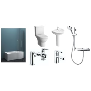 Valsina P-Shaped Right Hand Family Shower Bath Suite with Mixer Shower, Bath Screen, Bath Panel, Full Pedestal Basin, Toilet Pan, Wastes & Taps - 1675 x 850mm